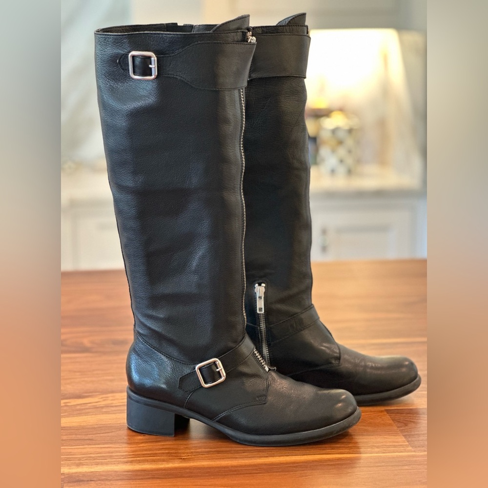 Women's Black Knee-High Combat Moto Boots with Front Zipper - Picture 2 of 10